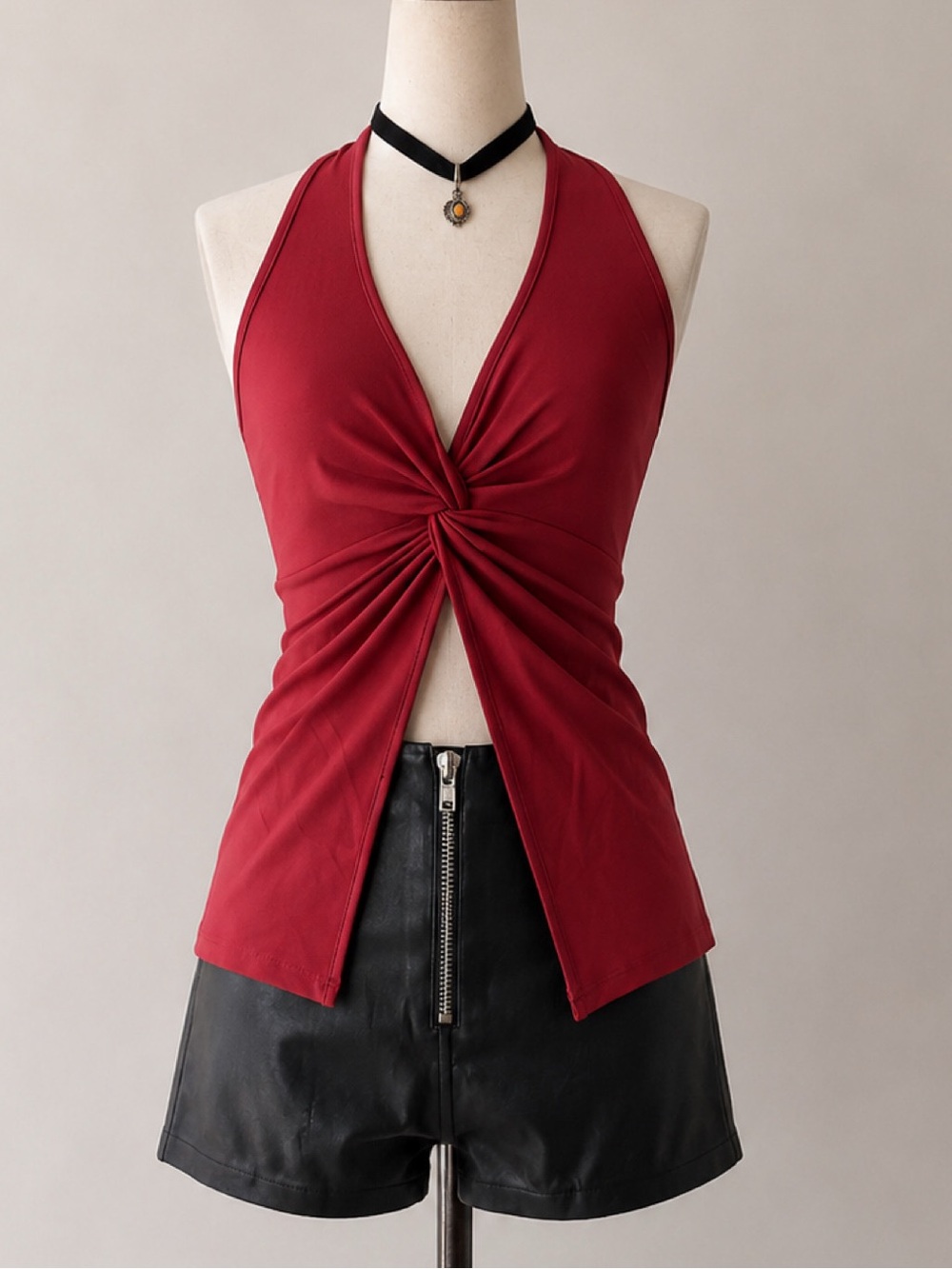 Red Twist-Front Halter Top